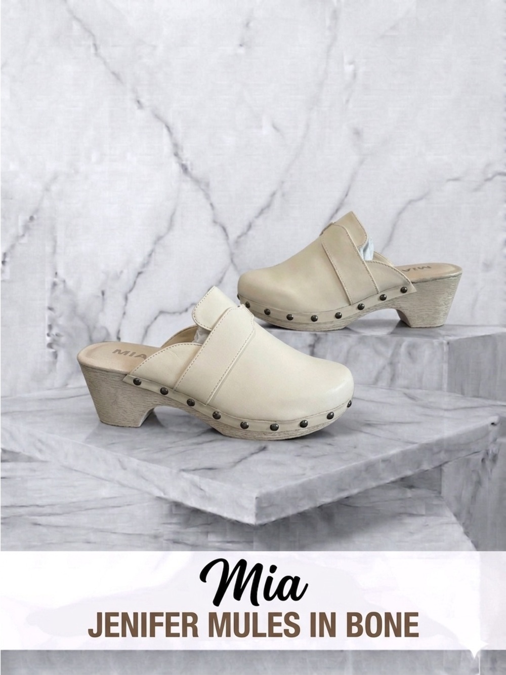 MIA Jenifer Bone Leather Studded Clogs NWOB Size 7.5